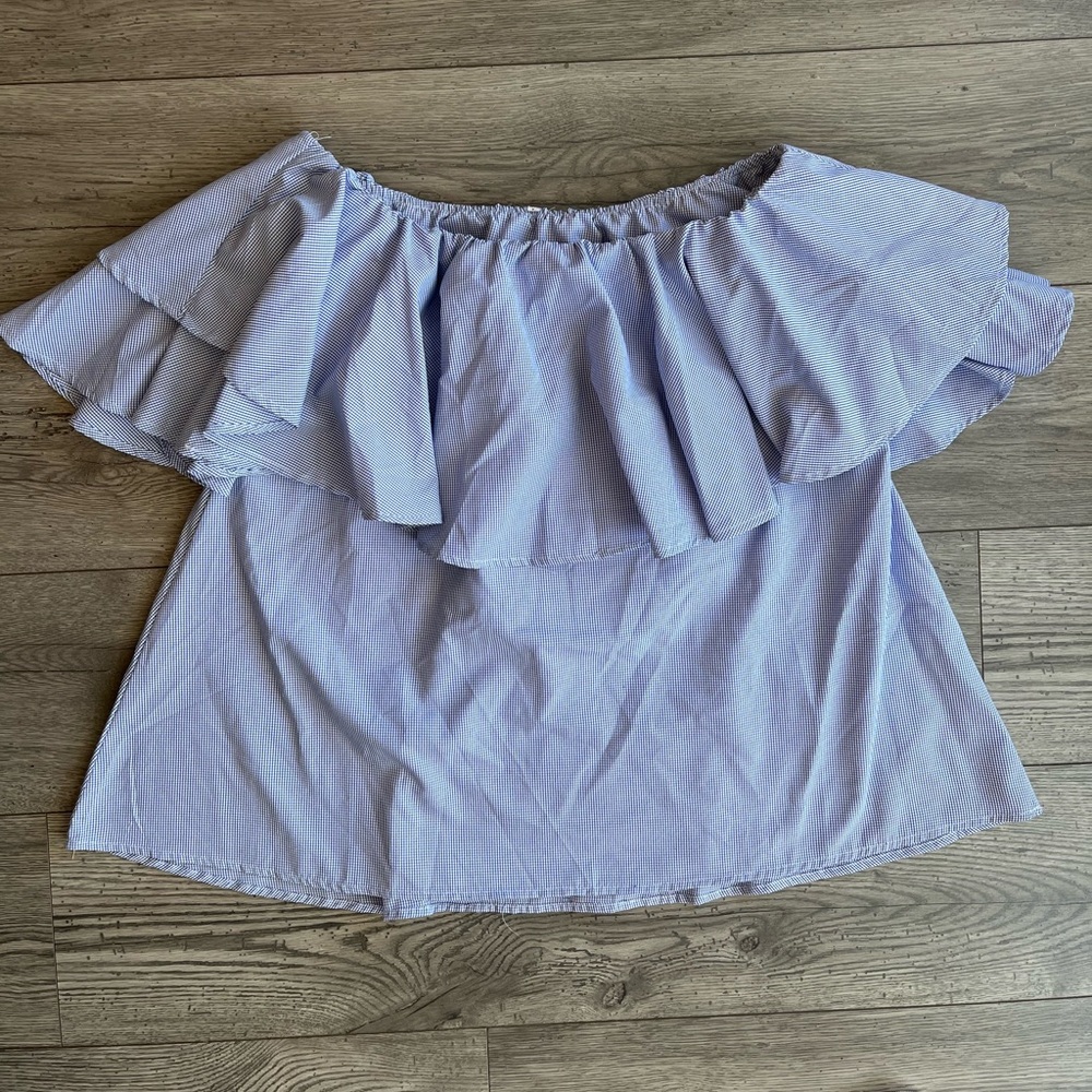 SHEIN Women’s Off-The Shoulder Ruffle Strapless Blouse Blue White Large - Picture 5 of 7